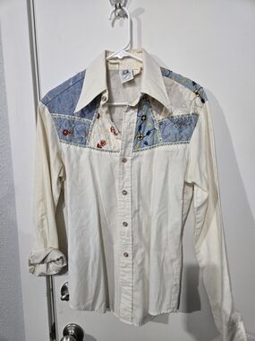 Vintage-Inspired Cream Button-Down Shirt with Blue Patchwork Yoke